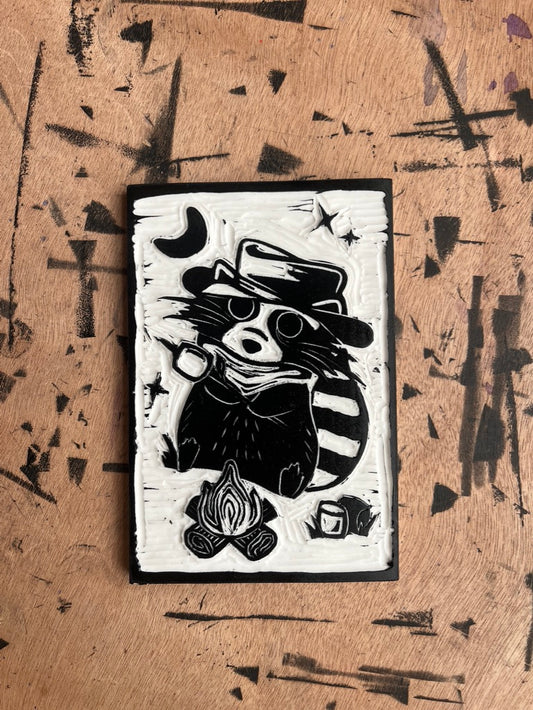 Raccoon Campfire Block Print