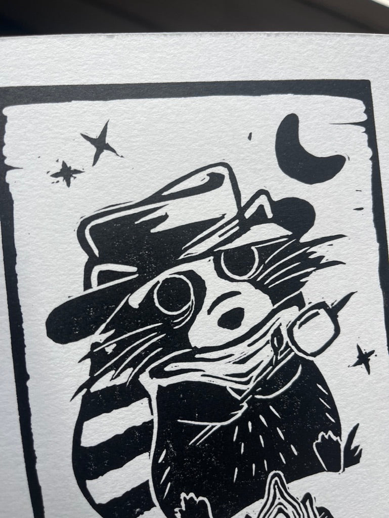 Raccoon Campfire Block Print