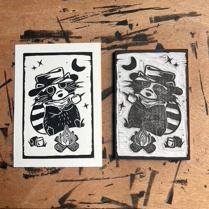Raccoon Campfire Block Print