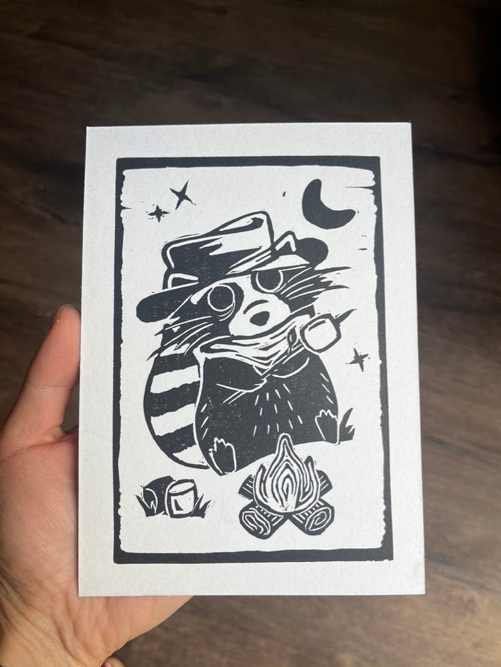 Raccoon Campfire Block Print
