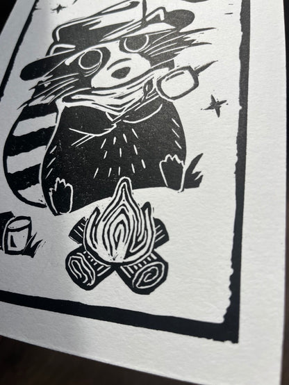 Raccoon Campfire Block Print