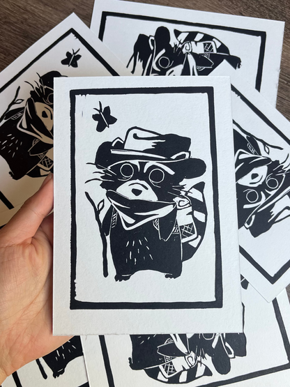 Raccoon Hiking Block Print