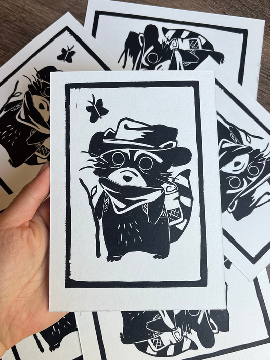 Raccoon Hiking Block Print