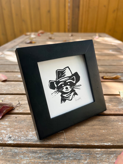 Cowboy Raccoon Mini Block Print
