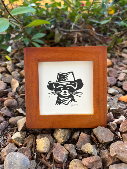 Cowboy Raccoon Mini Block Print